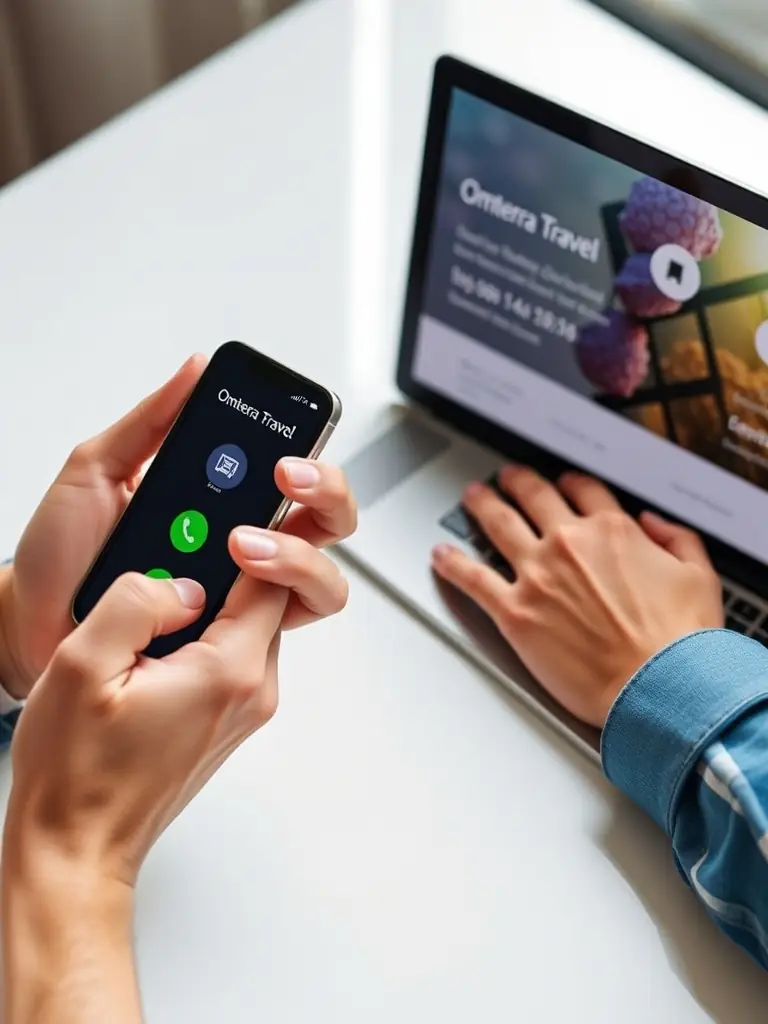 A close-up of a hand dialing a phone and another hand typing an email, with Omterra Travel’s contact details displayed clearly on a digital device.