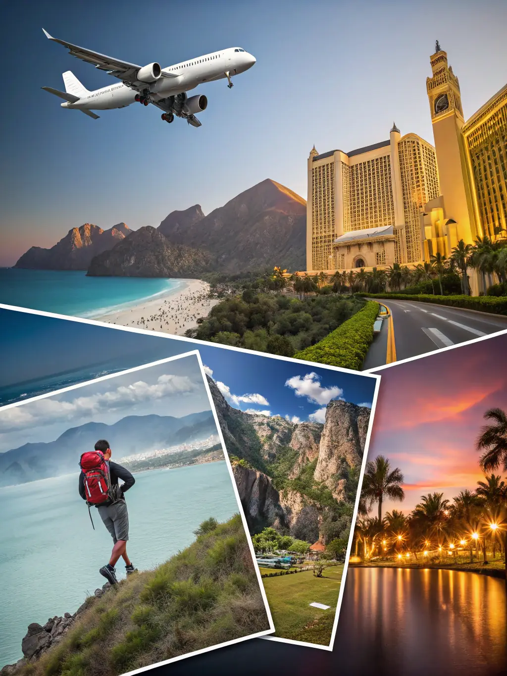A collage of various destinations—mountains, cityscapes, and beaches—showcasing the wide range of vacation options available through Omterra Travel.