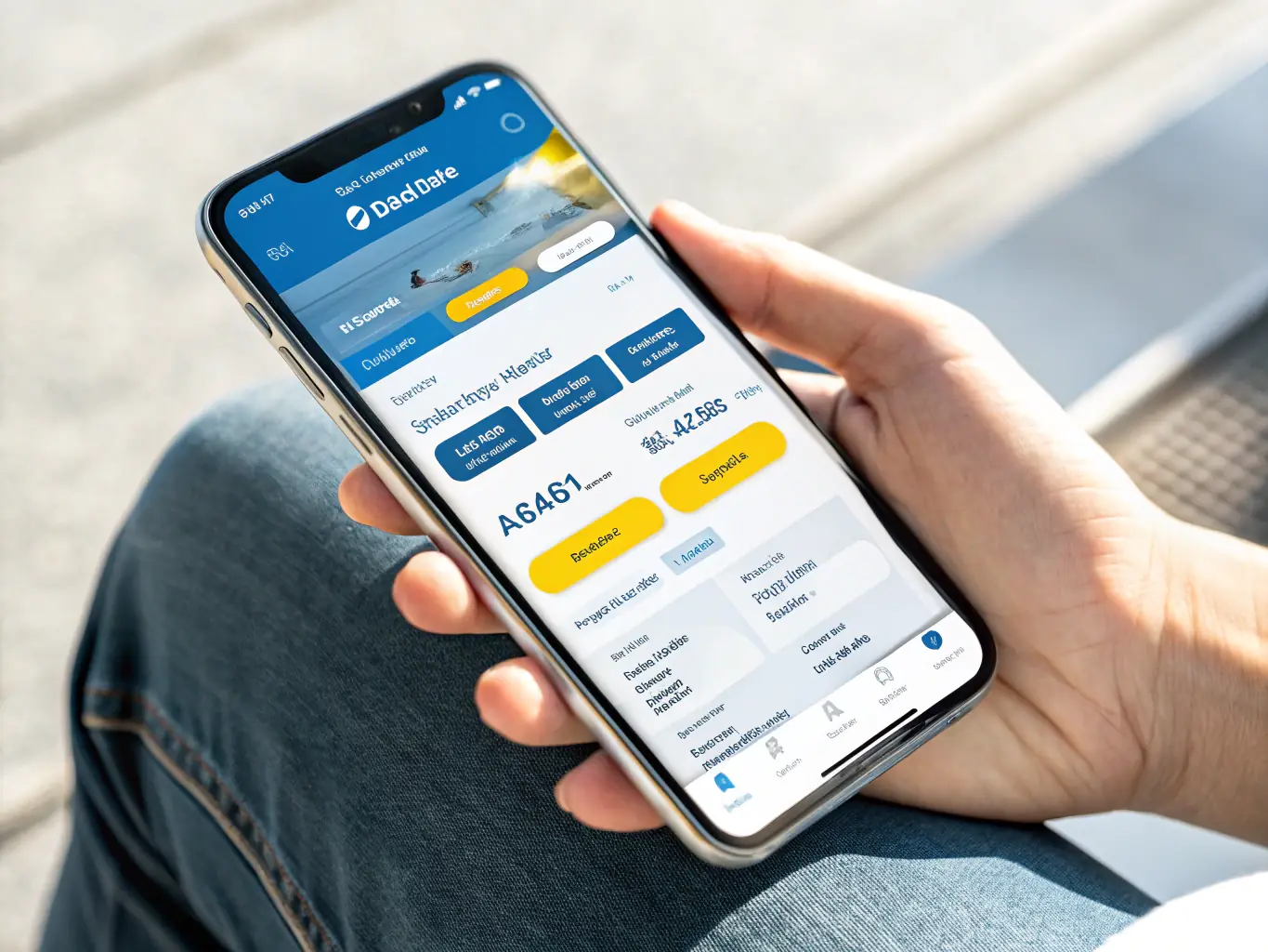 A vibrant image of a smartphone displaying the Omterra Travel website’s flight search interface, with a user’s hand interacting, emphasizing mobile-friendly and secure online booking.
