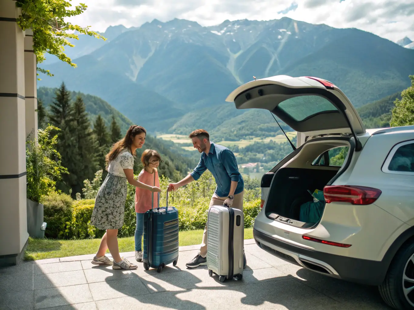 A cheerful family loading luggage into a rental car in front of a scenic mountain backdrop, illustrating a bundled deal for car rentals and hotel stays in the Rocky Mountains.