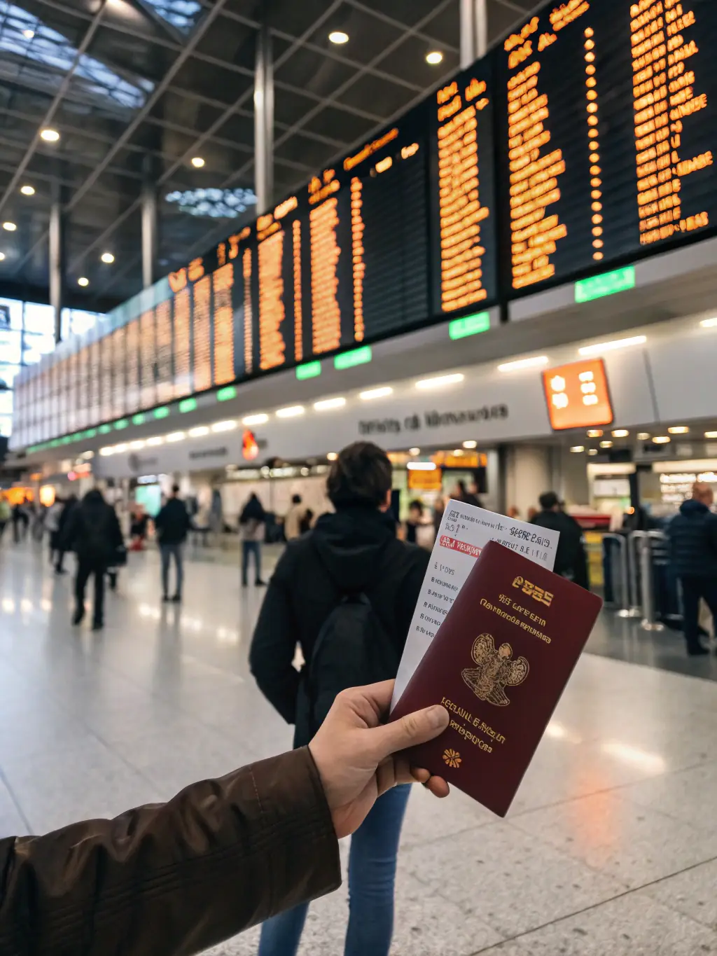 A traveler confidently checking in at an airport counter, holding a passport and ticket, with Omterra Travel branding visible on their phone screen.