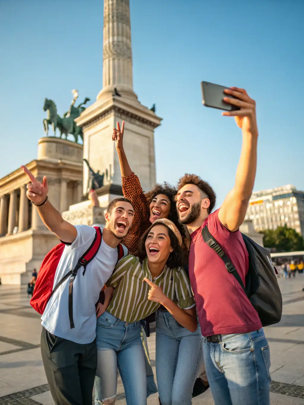 A group of friends celebrating together on a guided city tour, with a professional guide and famous landmarks in the background, symbolizing group travel experiences.