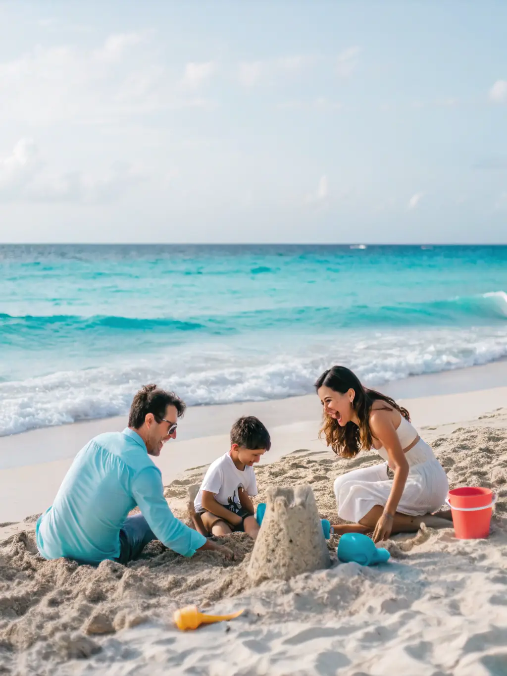 A vibrant image of a happy family at a tropical beach resort, with clear blue skies and palm trees, representing a memorable vacation experience booked through Omterra Travel.