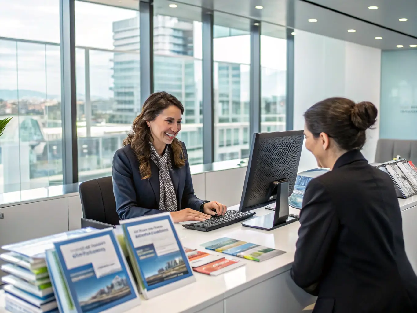 A professional image of a smiling travel agent assisting a customer at a modern office desk, with travel brochures and a computer screen displaying flight options, representing personalized service and expert support.